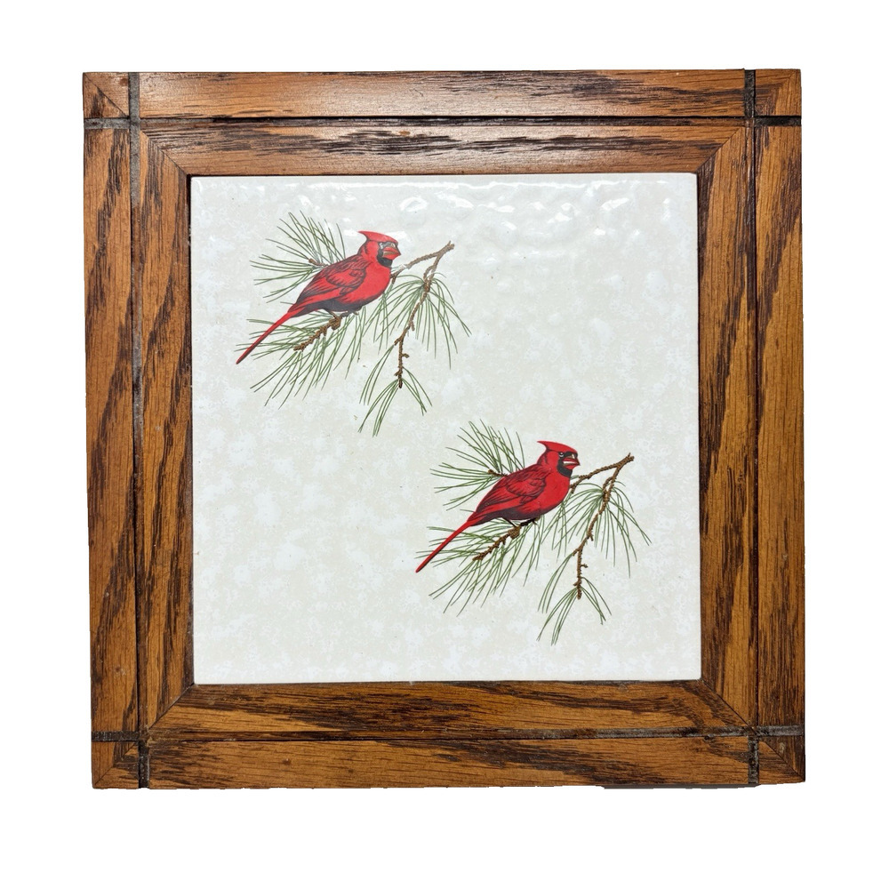 Vtg Wood Framed Ceramic Tile Two Red Cardinals Holiday Farmhouse Holiday Decor